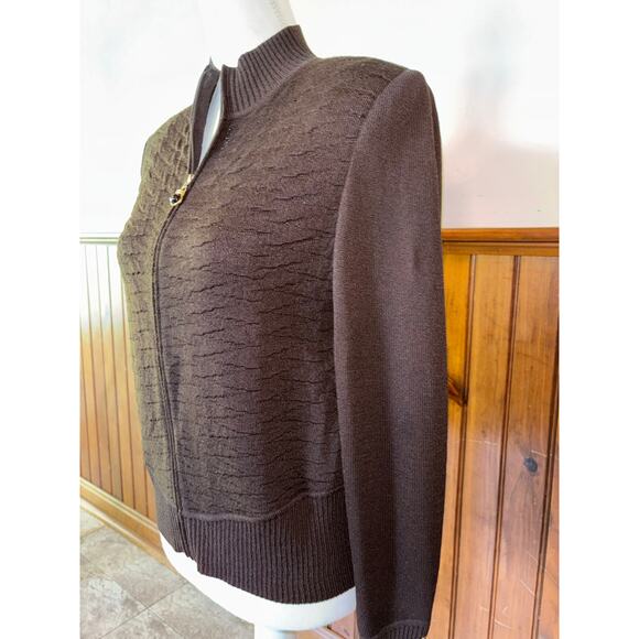 Womens St. John Brown‎ Textured Pique Knit Full Zip Cardigan Sweater Buttons 6 - Picture 2 of 10